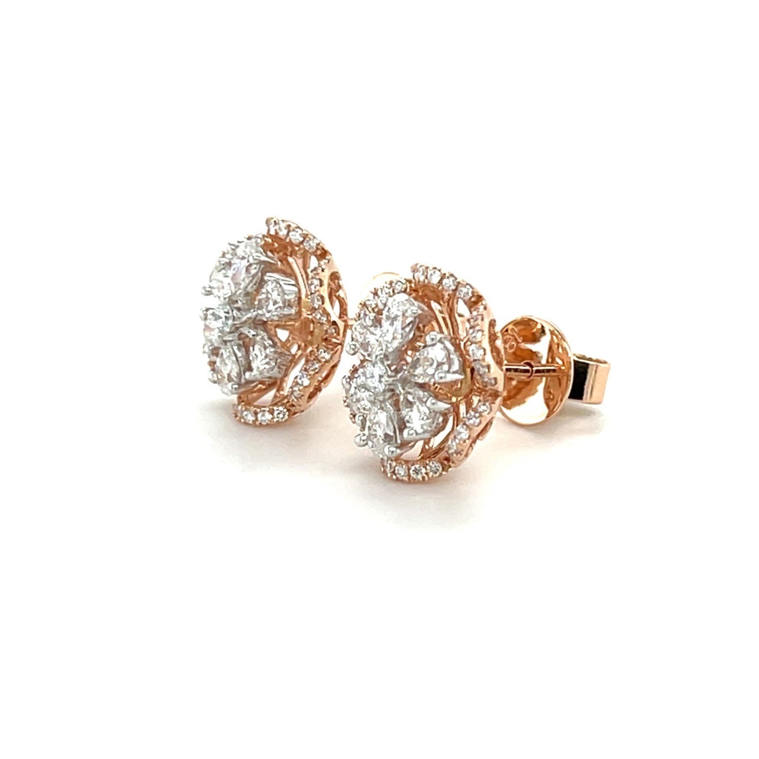 Elegant 18k Rose Gold Floral Diamond Stud Earrings